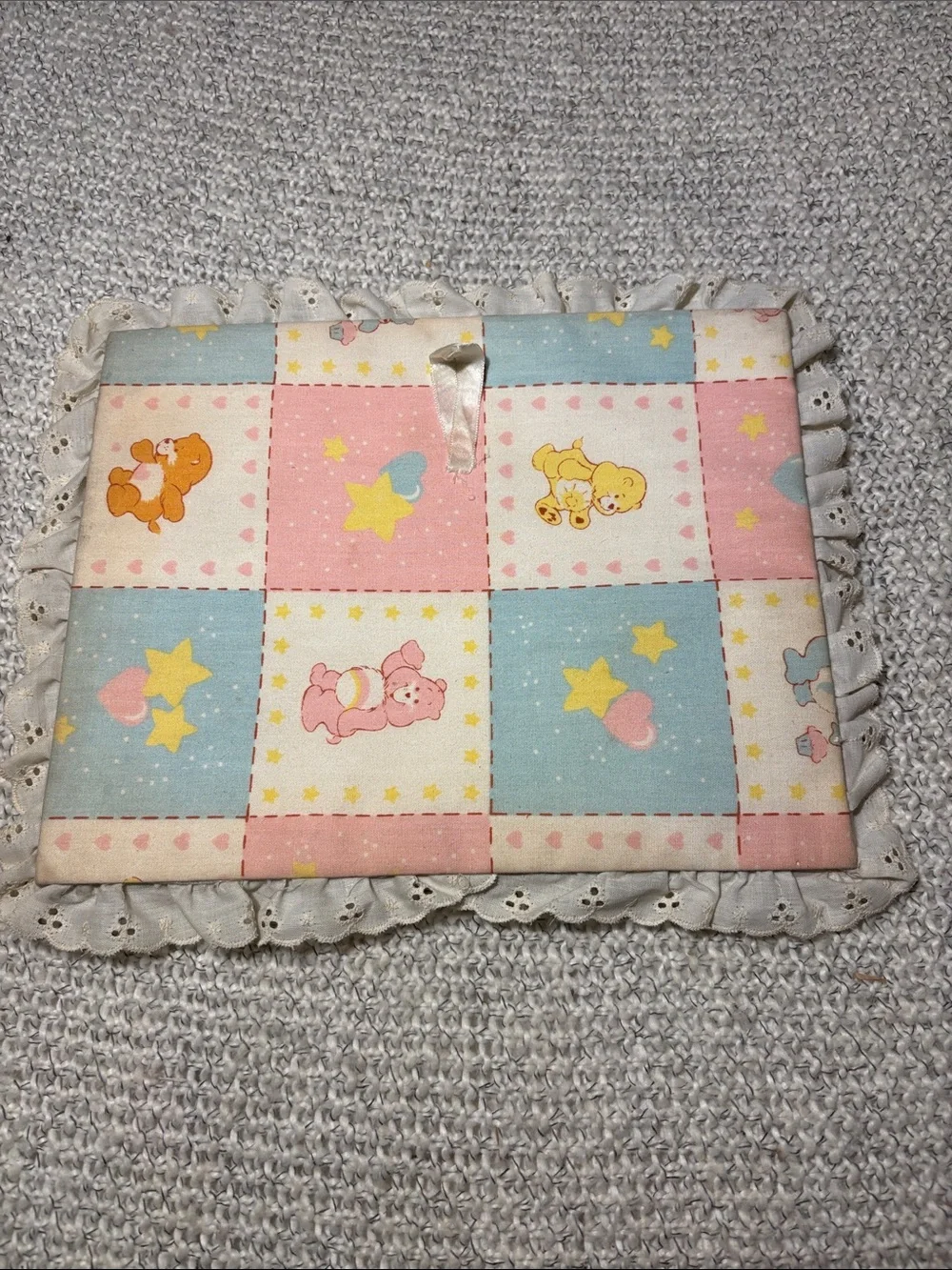 Vintage 1980’s Care Bears Padded Photo Frame Patchwork Pastel Lace Trim Cottage